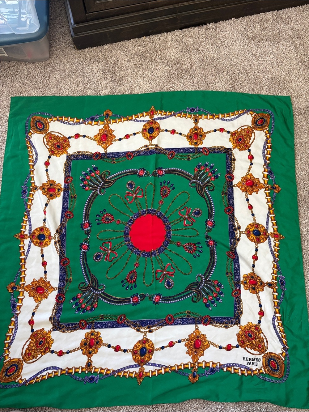 Hermes Paris Green Red White Gold Printed Silk Scarf